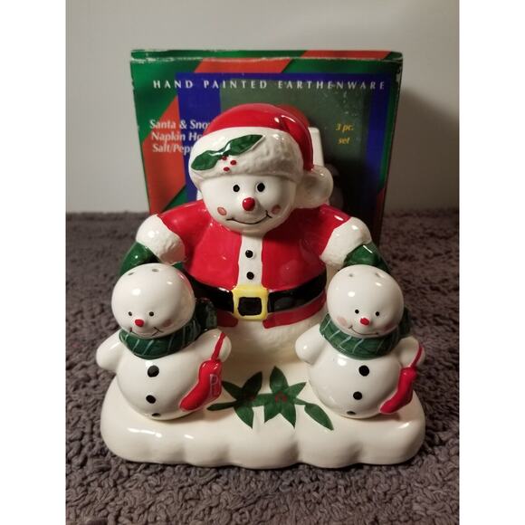 HandPainted Earthenware Santa & Snowman Napkin Holder&Salt And‎ Pepper Set - Picture 1 of 10